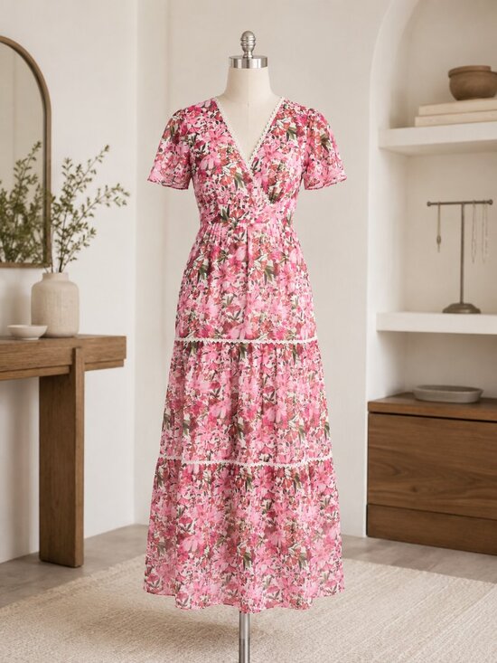 Anne Klein Dresses & Skirts - Anne Klein Women 10 Rose Floral Flutter Sleeve Tiered Maxi Dress NWT